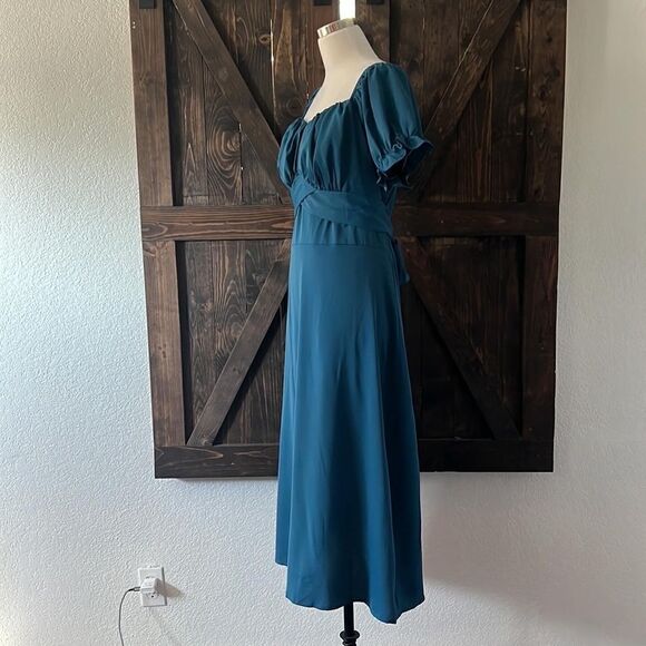 LYANER Women's Off Shoulder Ruffle Wrap Short Puff Sleeve Tie Back Ruched Dress - Picture 7 of 11